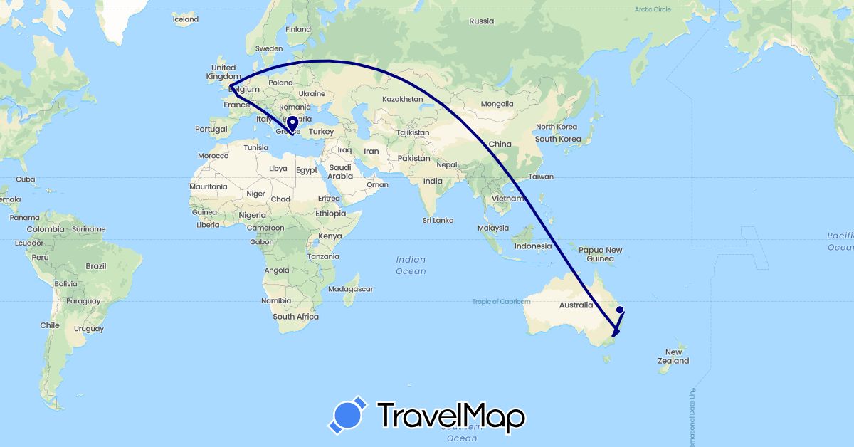 TravelMap itinerary: driving in Australia, France, United Kingdom, Greece (Europe, Oceania)